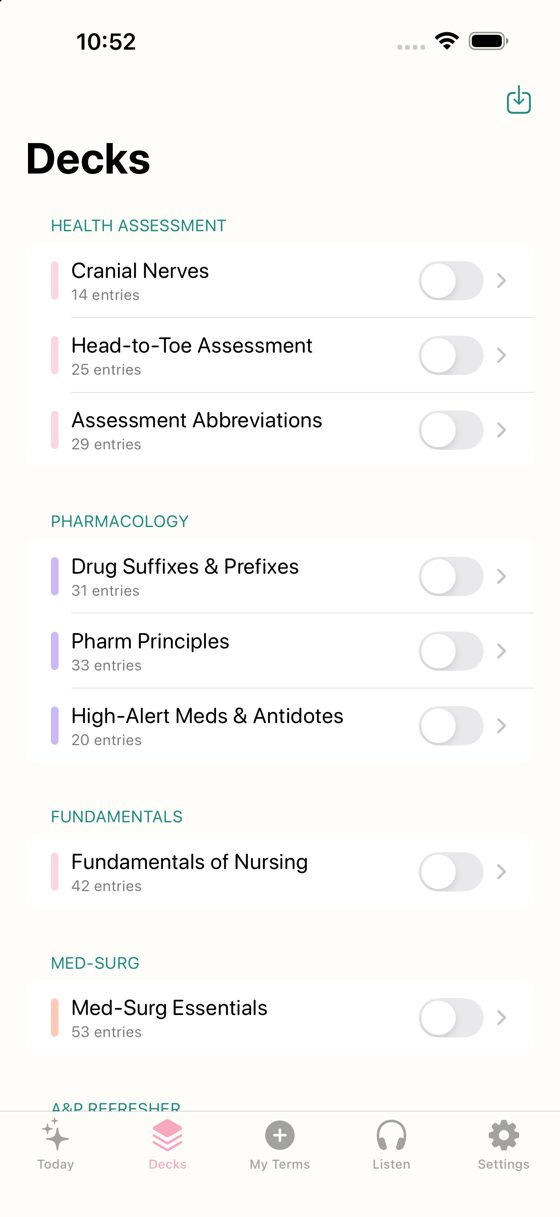 NurseLingo decks organized by nursing course