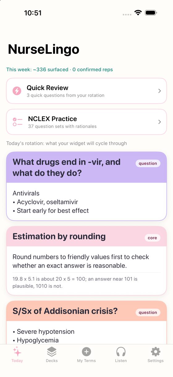 NurseLingo Today screen with quick review and practice